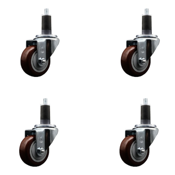 3'' SS Maroon Poly Wheel Swivel 1-1/4'' Expanding Stem Caster Set, 4PK